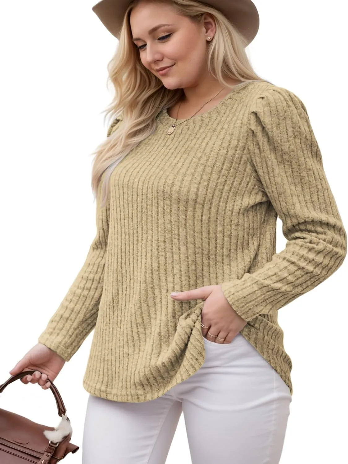 ROSRISS Womens Plus-Size Tops Crewneck Puff Long Sleeve Shirts Dressy Ribbed Knit Tunics Elegant Pullover Sweaters XL-5XL