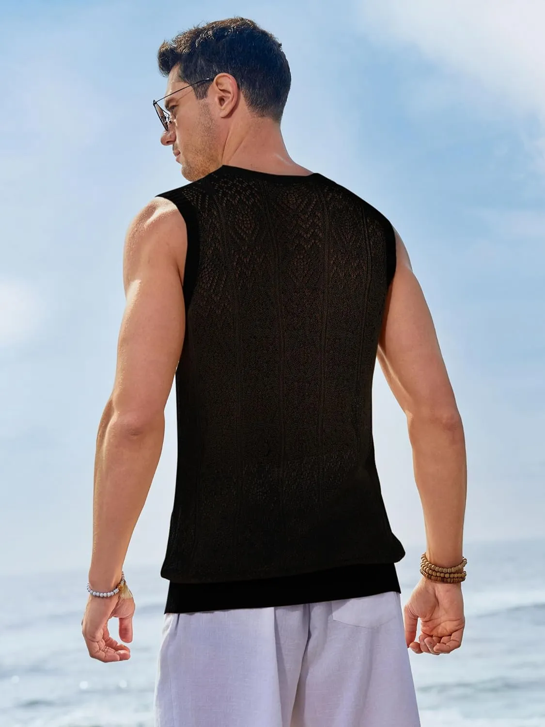Runcati Mens Sleeveless Crewneck Tank Top Casual Mesh Hollow Out Cotton Knit Summer Beach T Shirt