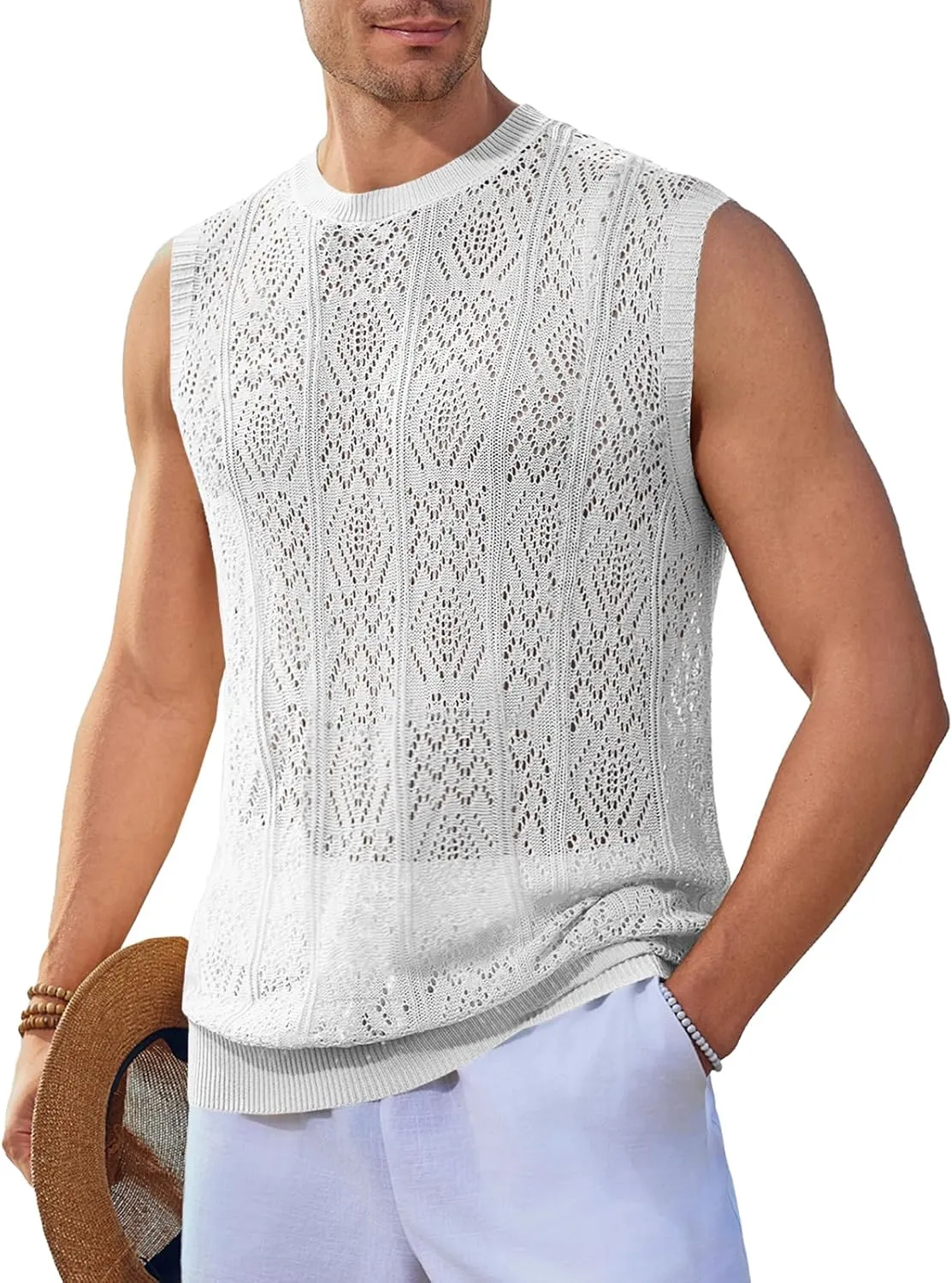Runcati Mens Sleeveless Crewneck Tank Top Casual Mesh Hollow Out Cotton Knit Summer Beach T Shirt