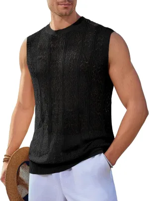 Runcati Mens Sleeveless Crewneck Tank Top Casual Mesh Hollow Out Cotton Knit Summer Beach T Shirt