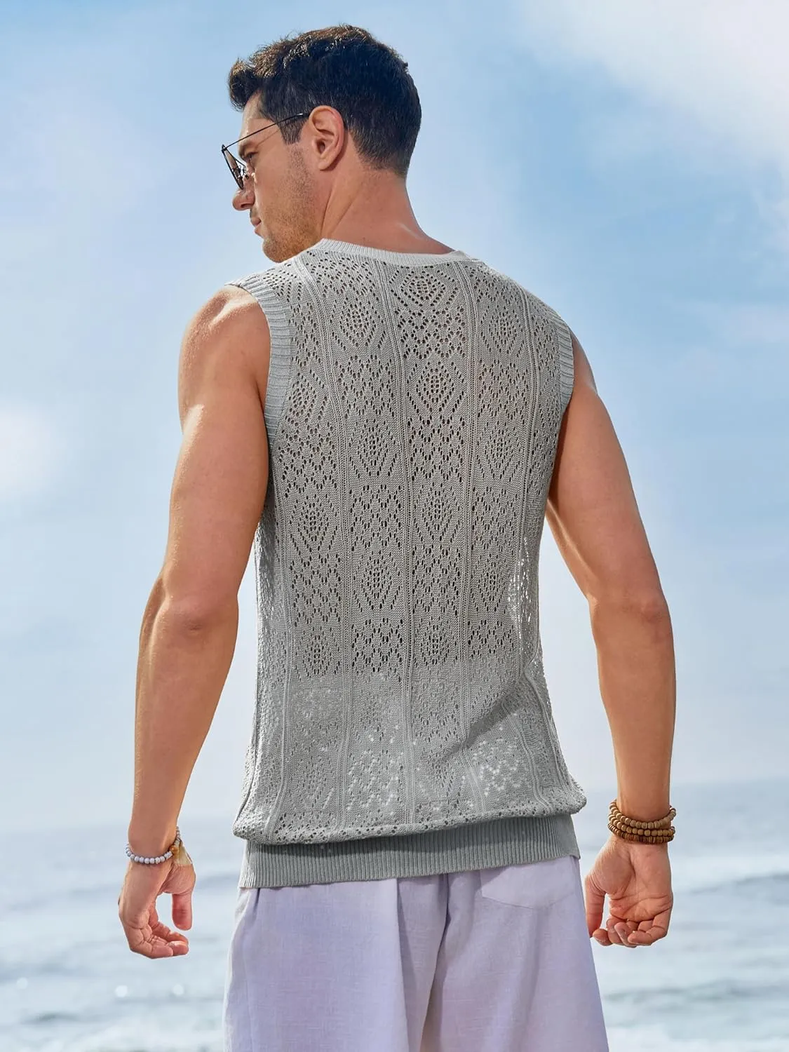 Runcati Mens Sleeveless Crewneck Tank Top Casual Mesh Hollow Out Cotton Knit Summer Beach T Shirt