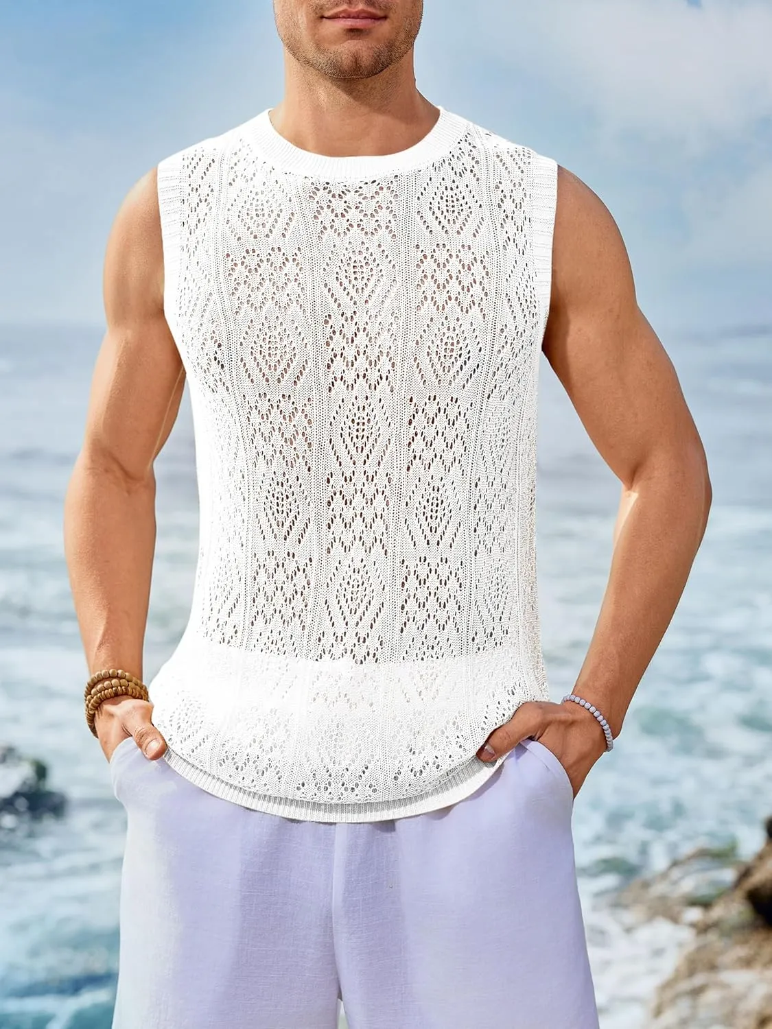 Runcati Mens Sleeveless Crewneck Tank Top Casual Mesh Hollow Out Cotton Knit Summer Beach T Shirt