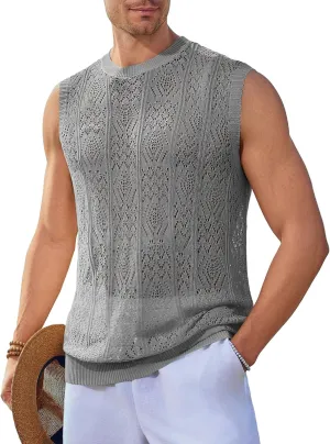 Runcati Mens Sleeveless Crewneck Tank Top Casual Mesh Hollow Out Cotton Knit Summer Beach T Shirt