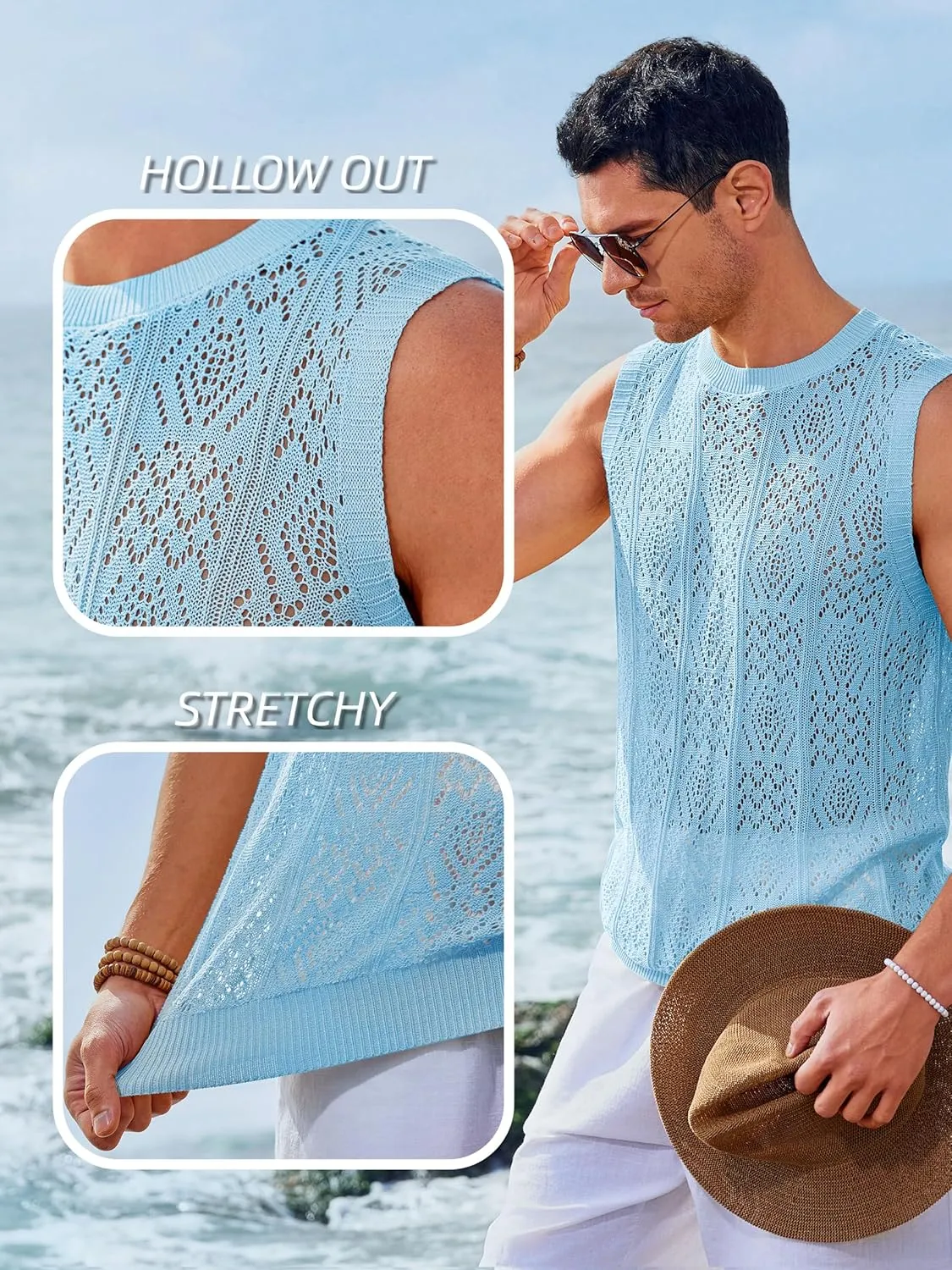 Runcati Mens Sleeveless Crewneck Tank Top Casual Mesh Hollow Out Cotton Knit Summer Beach T Shirt