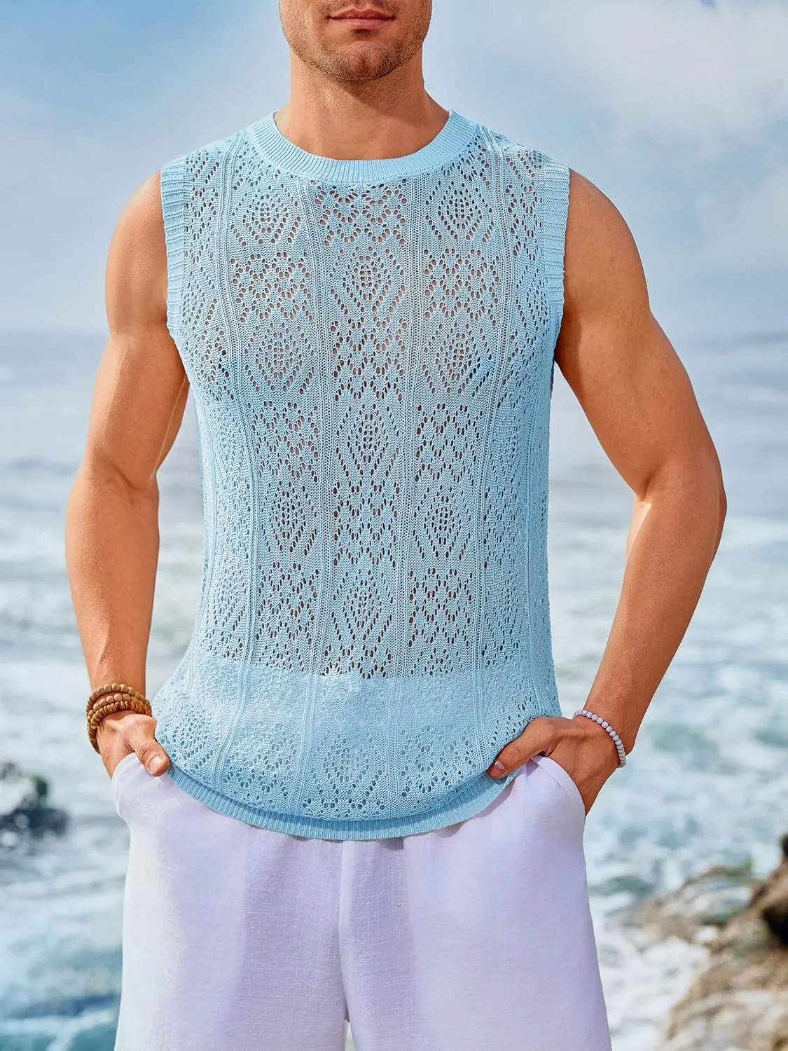 Runcati Mens Sleeveless Crewneck Tank Top Casual Mesh Hollow Out Cotton Knit Summer Beach T Shirt