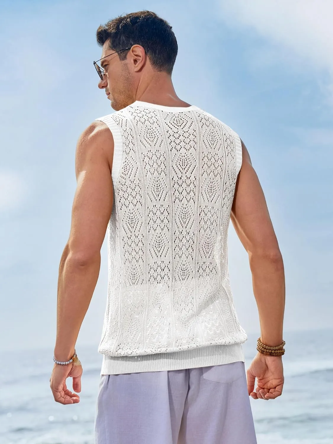 Runcati Mens Sleeveless Crewneck Tank Top Casual Mesh Hollow Out Cotton Knit Summer Beach T Shirt