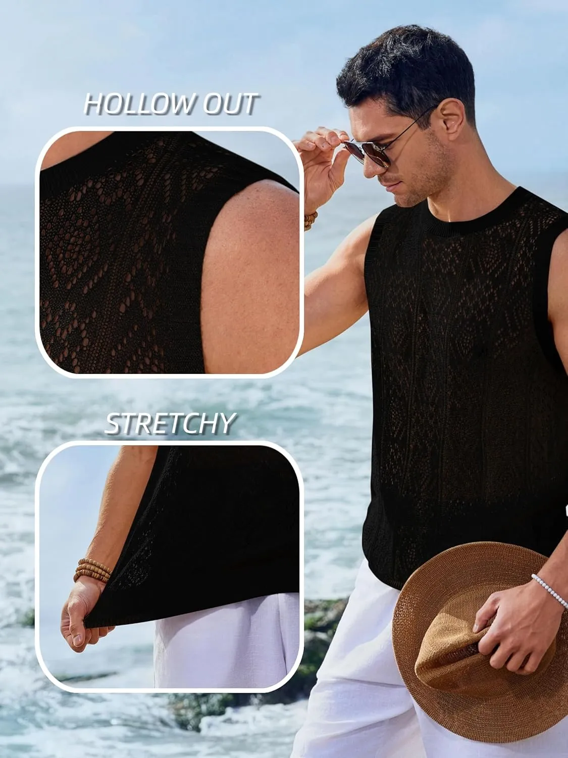 Runcati Mens Sleeveless Crewneck Tank Top Casual Mesh Hollow Out Cotton Knit Summer Beach T Shirt