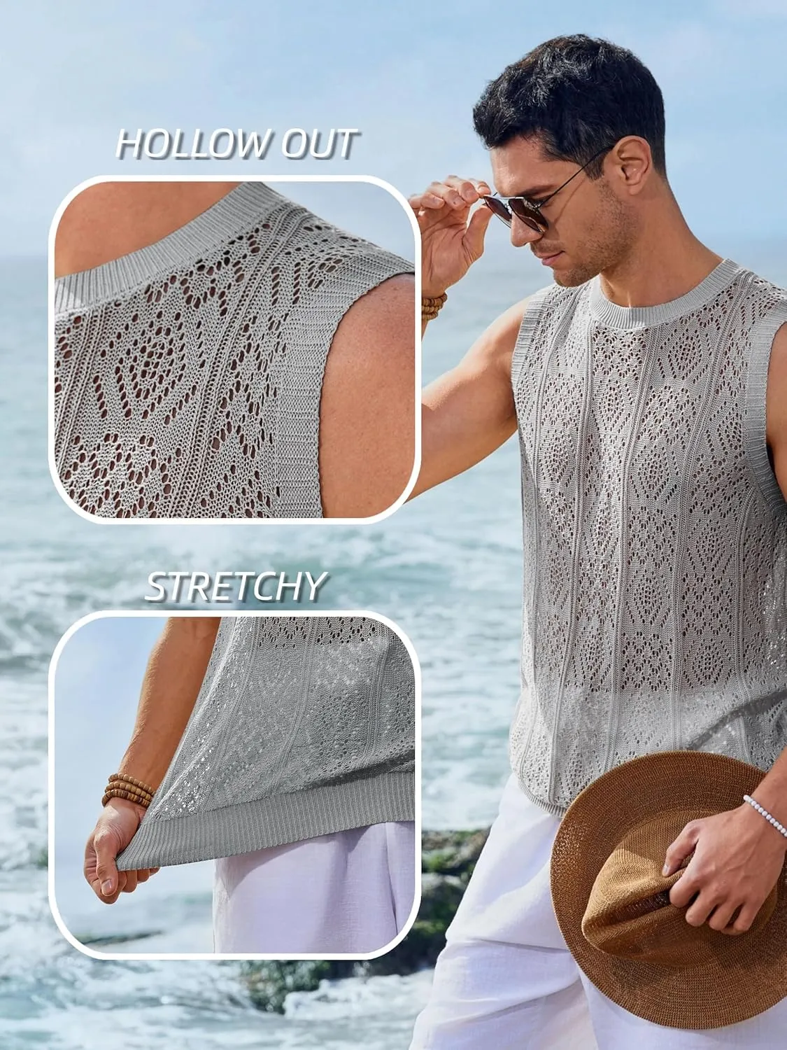 Runcati Mens Sleeveless Crewneck Tank Top Casual Mesh Hollow Out Cotton Knit Summer Beach T Shirt