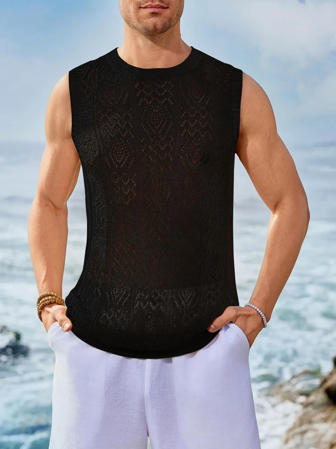 Runcati Mens Sleeveless Crewneck Tank Top Casual Mesh Hollow Out Cotton Knit Summer Beach T Shirt