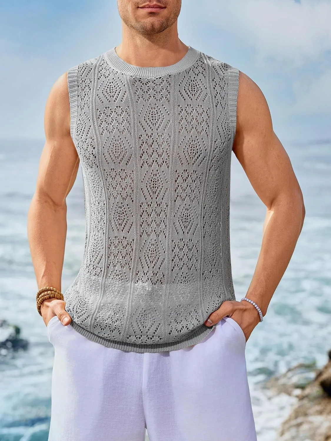 Runcati Mens Sleeveless Crewneck Tank Top Casual Mesh Hollow Out Cotton Knit Summer Beach T Shirt