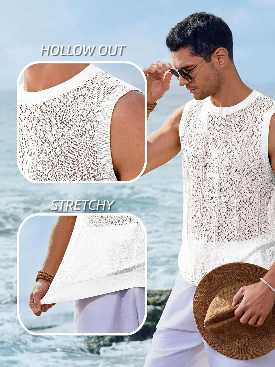 Runcati Mens Sleeveless Crewneck Tank Top Casual Mesh Hollow Out Cotton Knit Summer Beach T Shirt