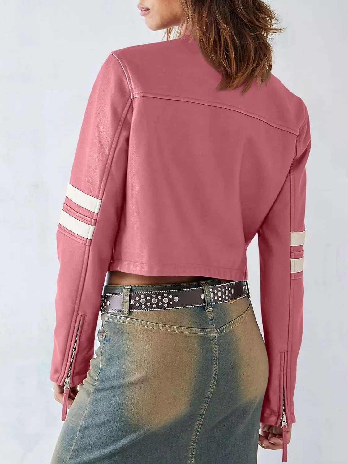 Saodimallsu Women’s Faux Leather Jackets Zip Up Stand Collar Cropped Motocross PU Coats