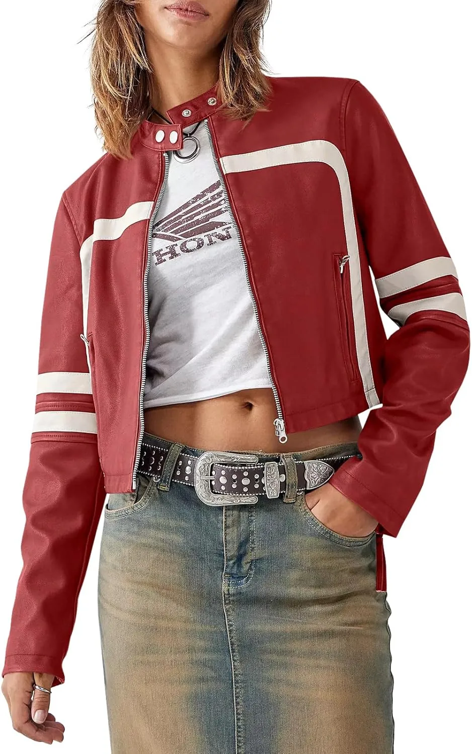 Saodimallsu Women’s Faux Leather Jackets Zip Up Stand Collar Cropped Motocross PU Coats