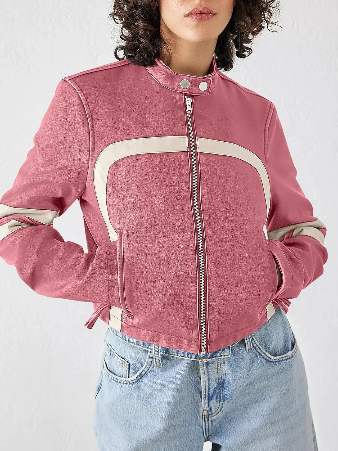 Saodimallsu Women’s Faux Leather Jackets Zip Up Stand Collar Cropped Motocross PU Coats