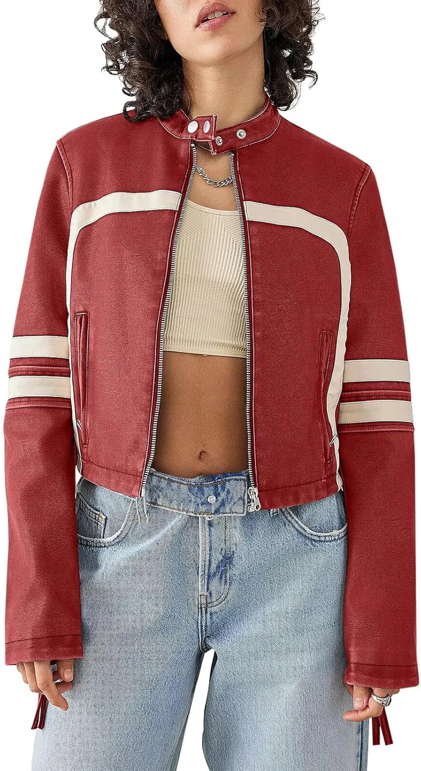 Saodimallsu Women’s Faux Leather Jackets Zip Up Stand Collar Cropped Motocross PU Coats