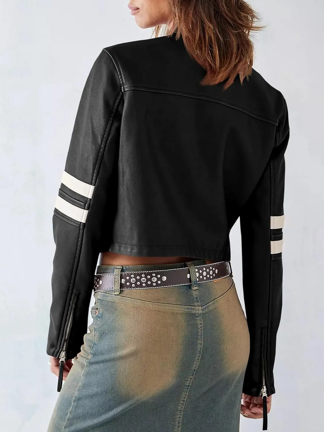 Saodimallsu Womens Faux Leather Jackets Zip Up Stand Collar Cropped Motocross PU Coats
