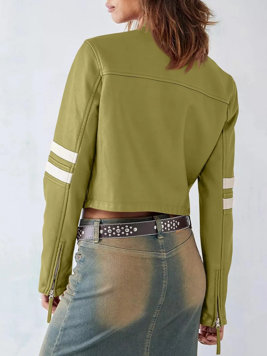Saodimallsu Womens Faux Leather Jackets Zip Up Stand Collar Cropped Motocross PU Coats