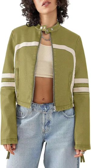 Saodimallsu Womens Faux Leather Jackets Zip Up Stand Collar Cropped Motocross PU Coats