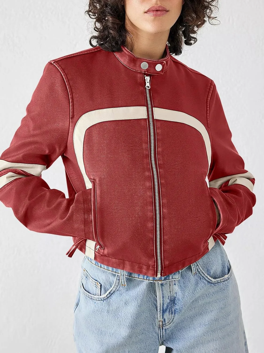 Saodimallsu Women’s Faux Leather Jackets Zip Up Stand Collar Cropped Motocross PU Coats