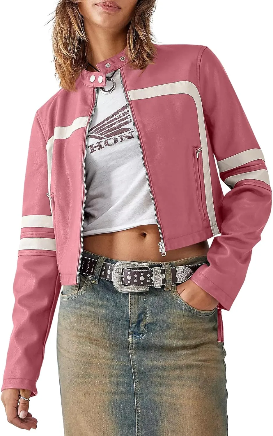 Saodimallsu Women’s Faux Leather Jackets Zip Up Stand Collar Cropped Motocross PU Coats