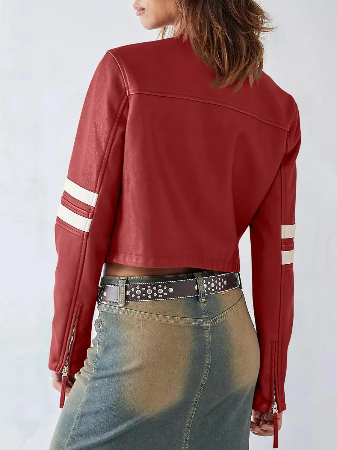 Saodimallsu Women’s Faux Leather Jackets Zip Up Stand Collar Cropped Motocross PU Coats