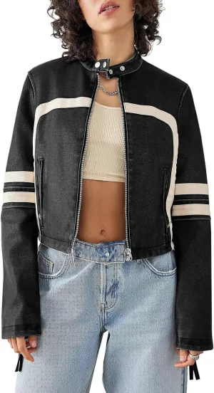 Saodimallsu Womens Faux Leather Jackets Zip Up Stand Collar Cropped Motocross PU Coats