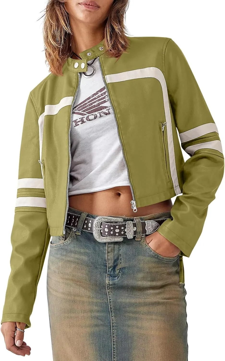 Saodimallsu Womens Faux Leather Jackets Zip Up Stand Collar Cropped Motocross PU Coats