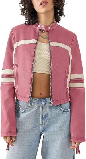 Saodimallsu Women’s Faux Leather Jackets Zip Up Stand Collar Cropped Motocross PU Coats