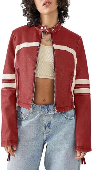 Saodimallsu Women’s Faux Leather Jackets Zip Up Stand Collar Cropped Motocross PU Coats