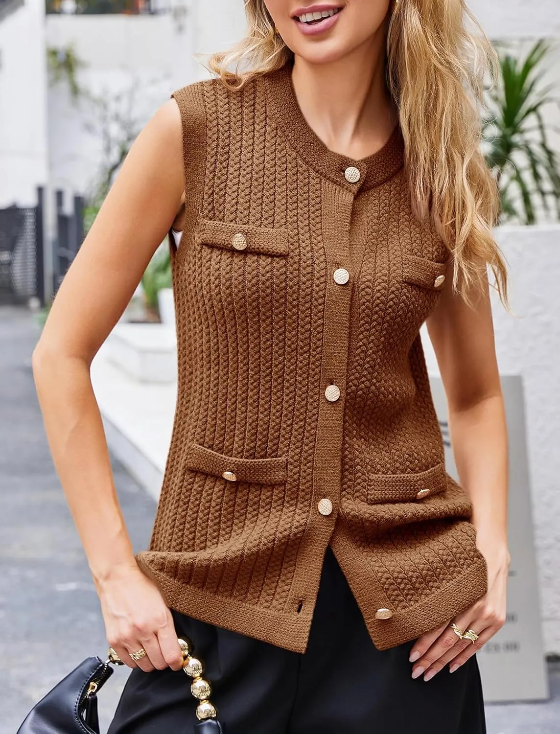 Saodimallsu Womens Sleeveless Sweater Vest Button Up Cable Knit Crew Neck Trendy Casual Loose Summer Cardigan