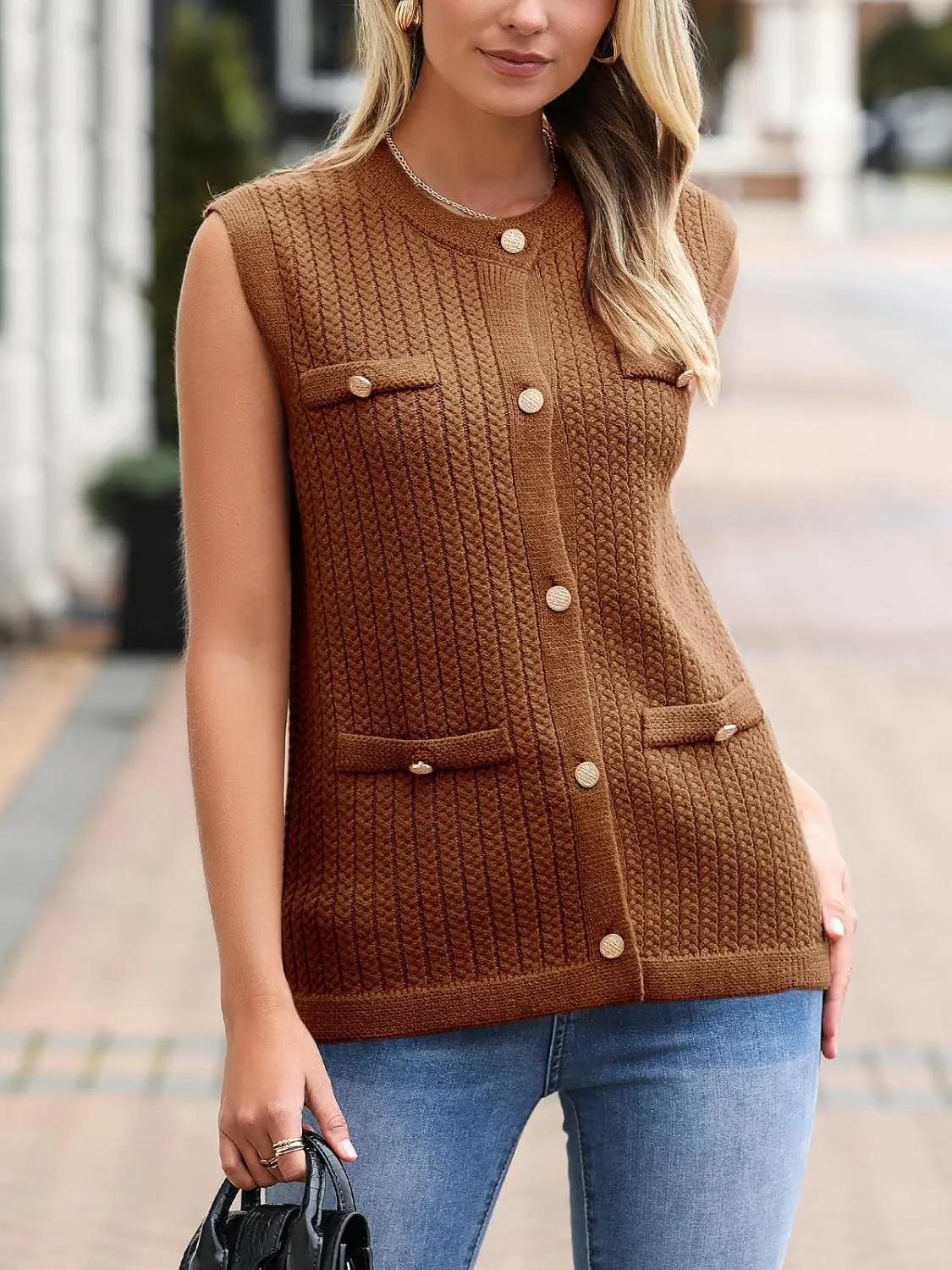Saodimallsu Womens Sleeveless Sweater Vest Button Up Cable Knit Crew Neck Trendy Casual Loose Summer Cardigan