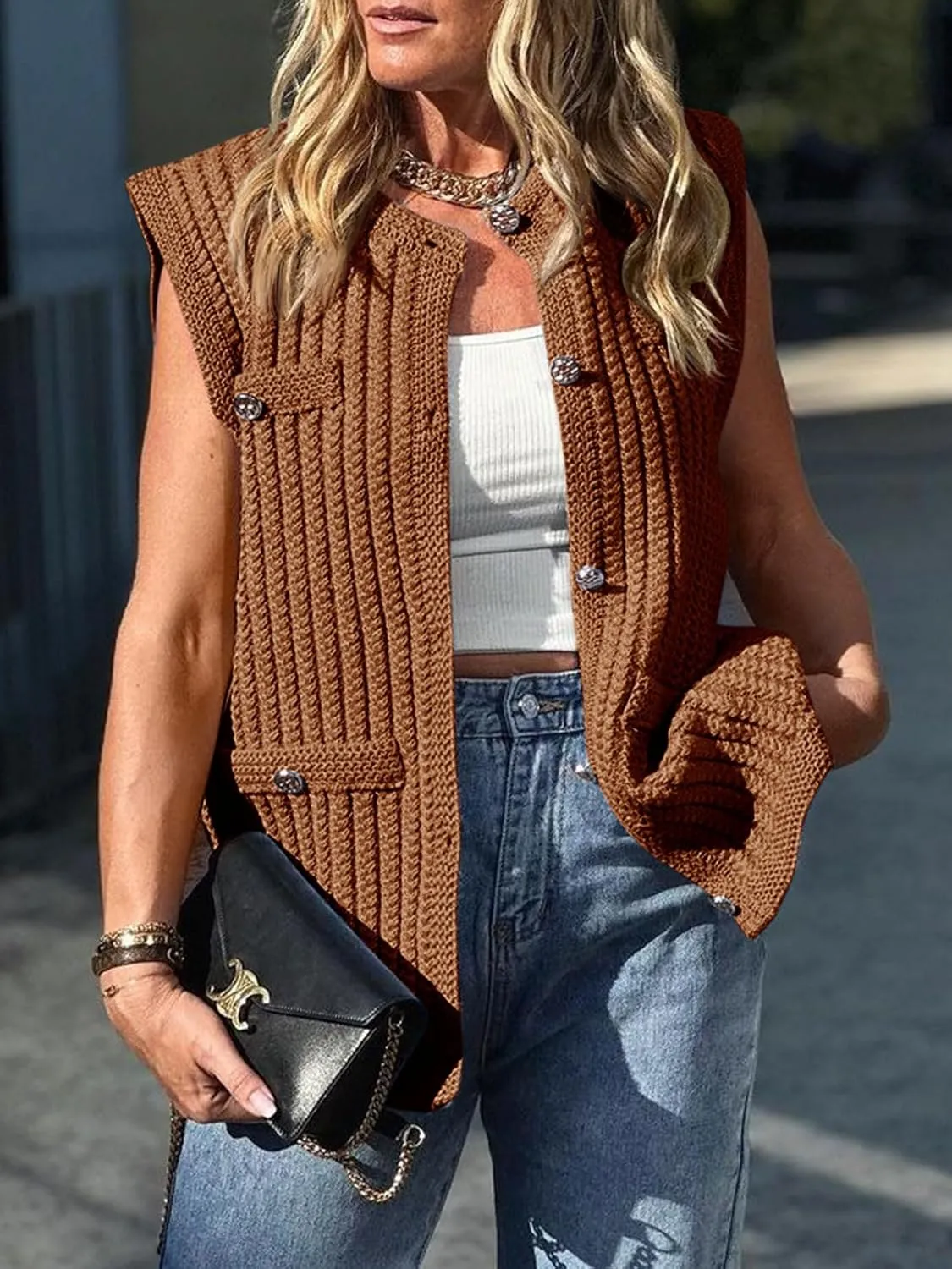 Saodimallsu Womens Sleeveless Sweater Vest Button Up Cable Knit Crew Neck Trendy Casual Loose Summer Cardigan