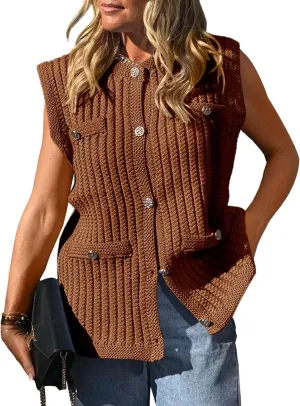 Saodimallsu Womens Sleeveless Sweater Vest Button Up Cable Knit Crew Neck Trendy Casual Loose Summer Cardigan