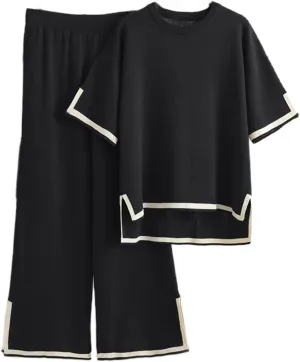 SAROULU 2 Piece Womens Sweater Casual Knit Sets Short Sleeve Pullover Tops Elastic Waist Wide Leg Pants Lounge Set