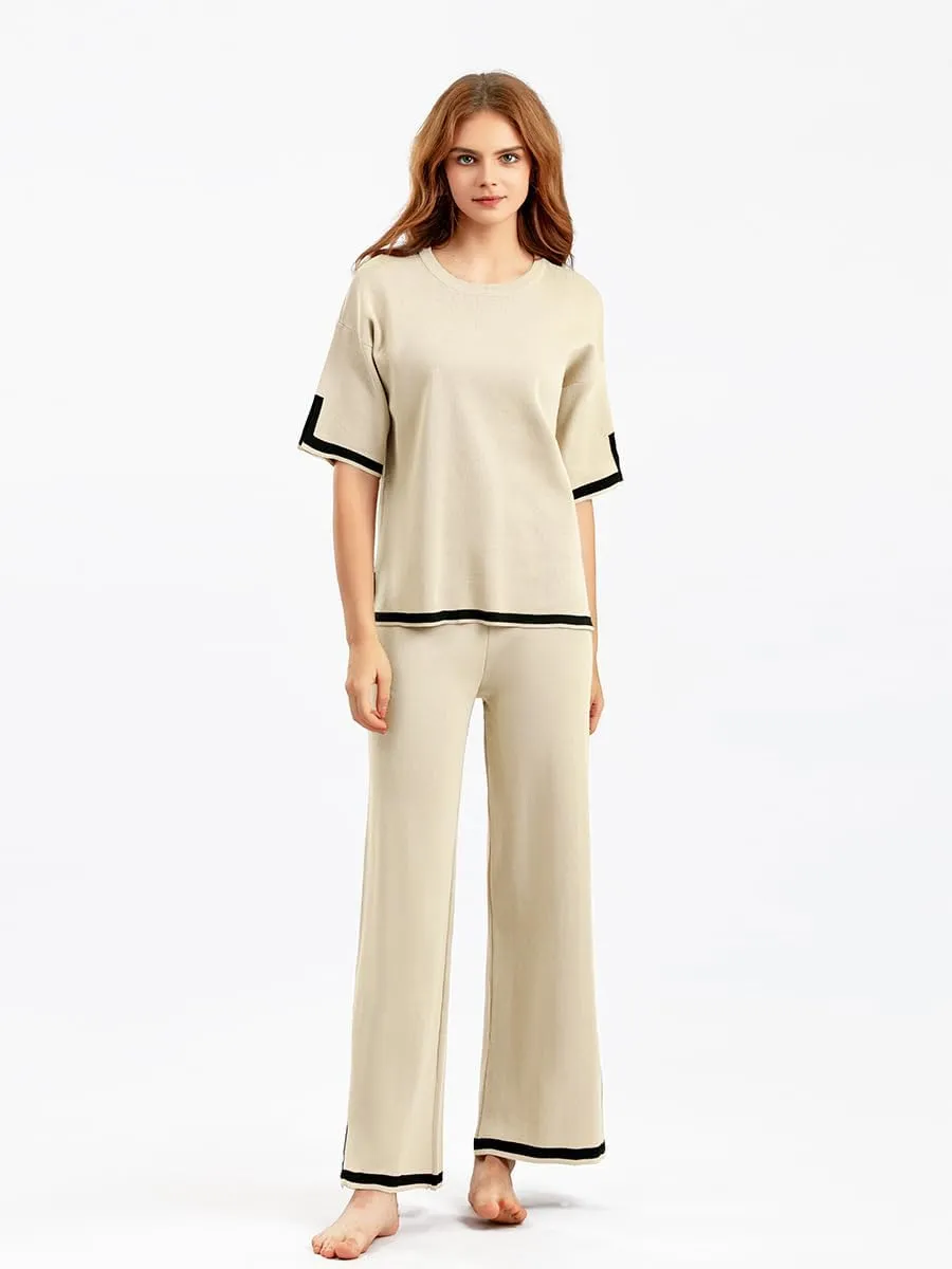 SAROULU 2 Piece Womens Sweater Casual Knit Sets Short Sleeve Pullover Tops Elastic Waist Wide Leg Pants Lounge Set