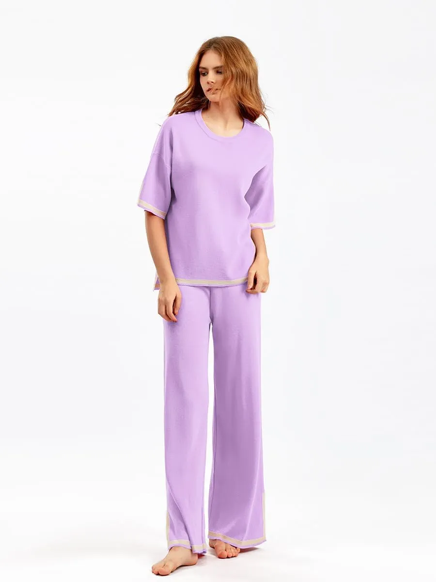 SAROULU 2 Piece Womens Sweater Casual Knit Sets Short Sleeve Pullover Tops Elastic Waist Wide Leg Pants Lounge Set