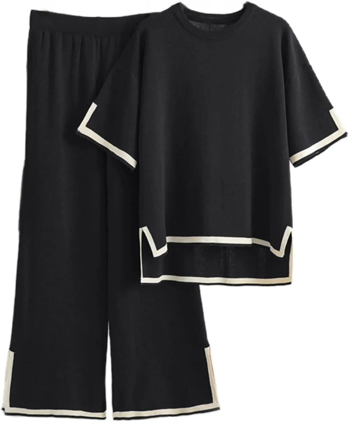 SAROULU 2 Piece Womens Sweater Casual Knit Sets Short Sleeve Pullover Tops Elastic Waist Wide Leg Pants Lounge Set