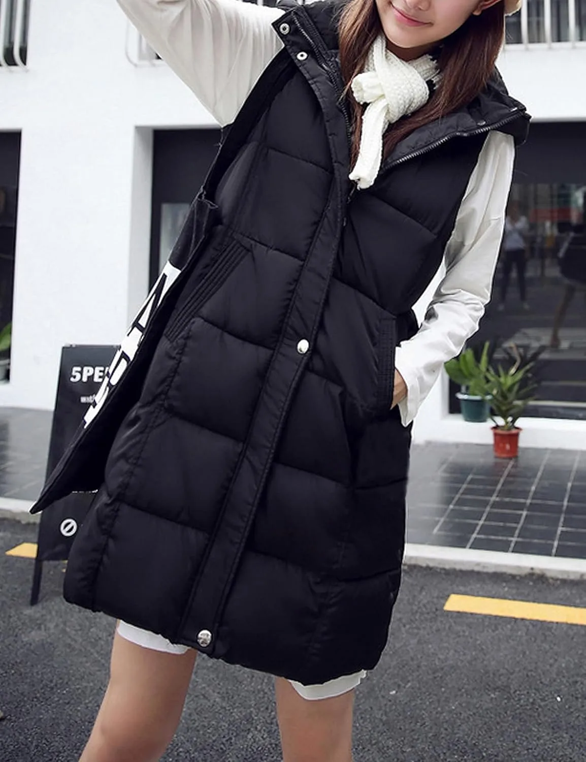 SCUSTY Womens Long Puffer Vest Sleeveless Coats Quilted Vests Outerwear Jackets with Hood
