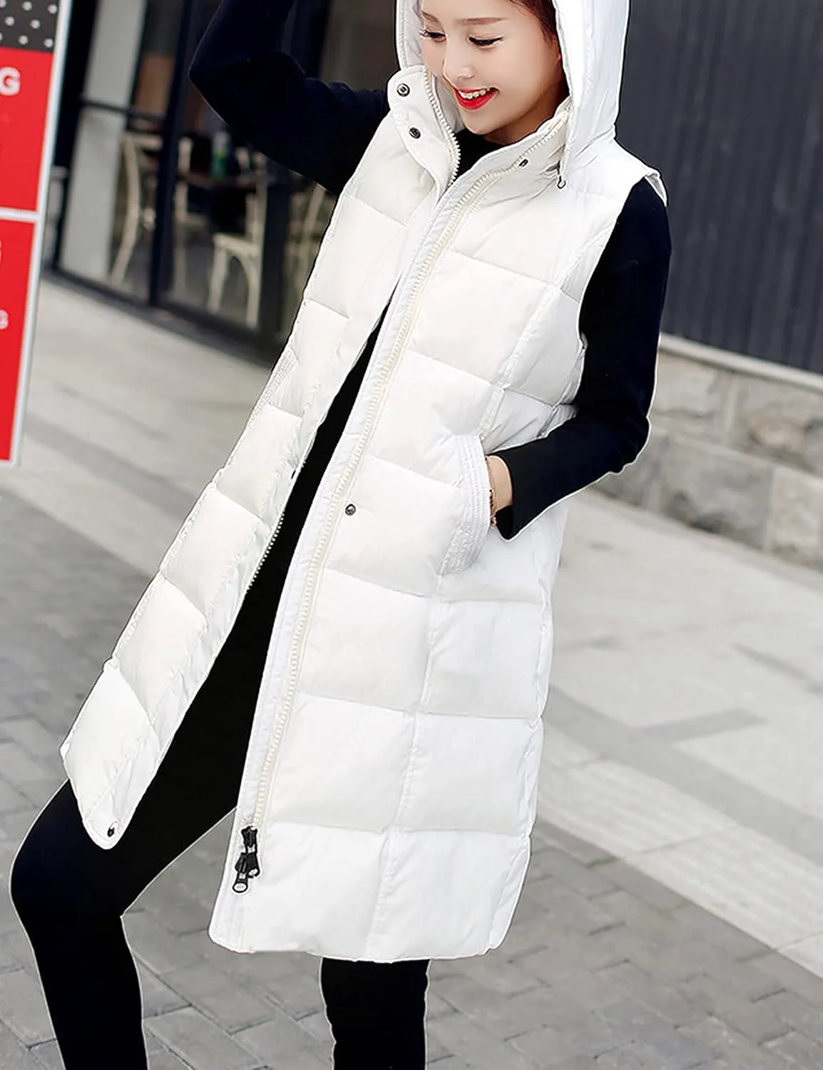SCUSTY Womens Long Puffer Vest Sleeveless Coats Quilted Vests Outerwear Jackets with Hood
