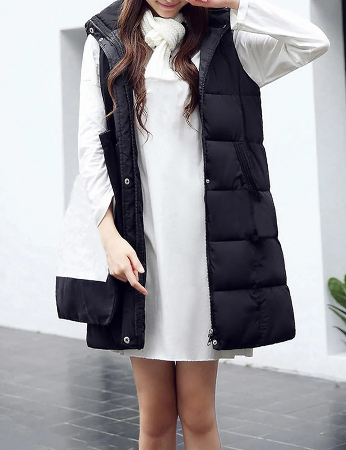 SCUSTY Womens Long Puffer Vest Sleeveless Coats Quilted Vests Outerwear Jackets with Hood