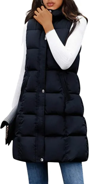 SCUSTY Womens Long Puffer Vest Sleeveless Coats Quilted Vests Outerwear Jackets with Hood