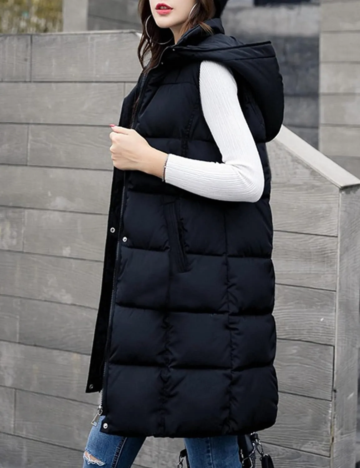 SCUSTY Womens Long Puffer Vest Sleeveless Coats Quilted Vests Outerwear Jackets with Hood