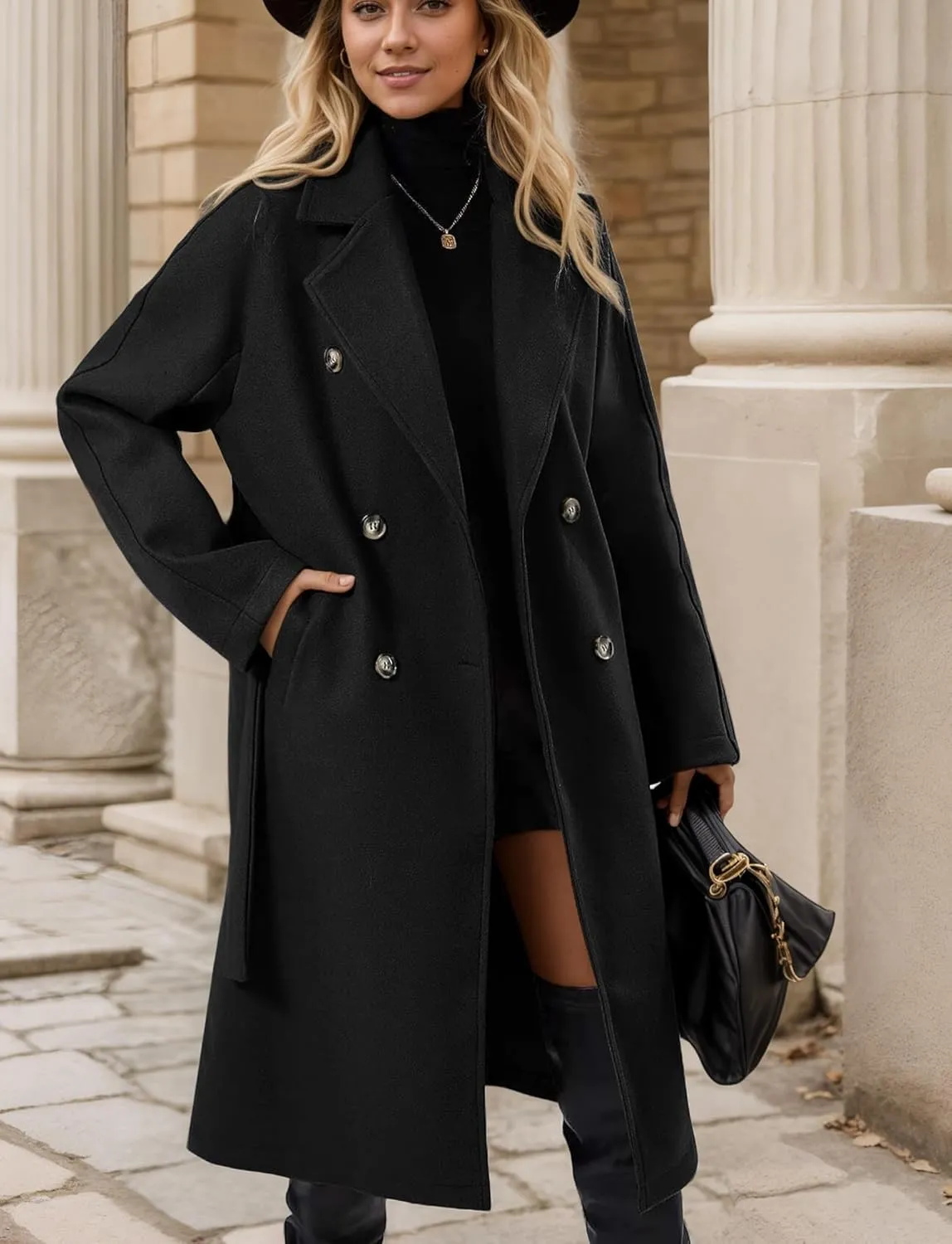 SEAUR Women's Classic Double-Breasted Trench Coat Wool Blend Lapel Pea Coat Mid Long Fall Winter Jacket Outwear