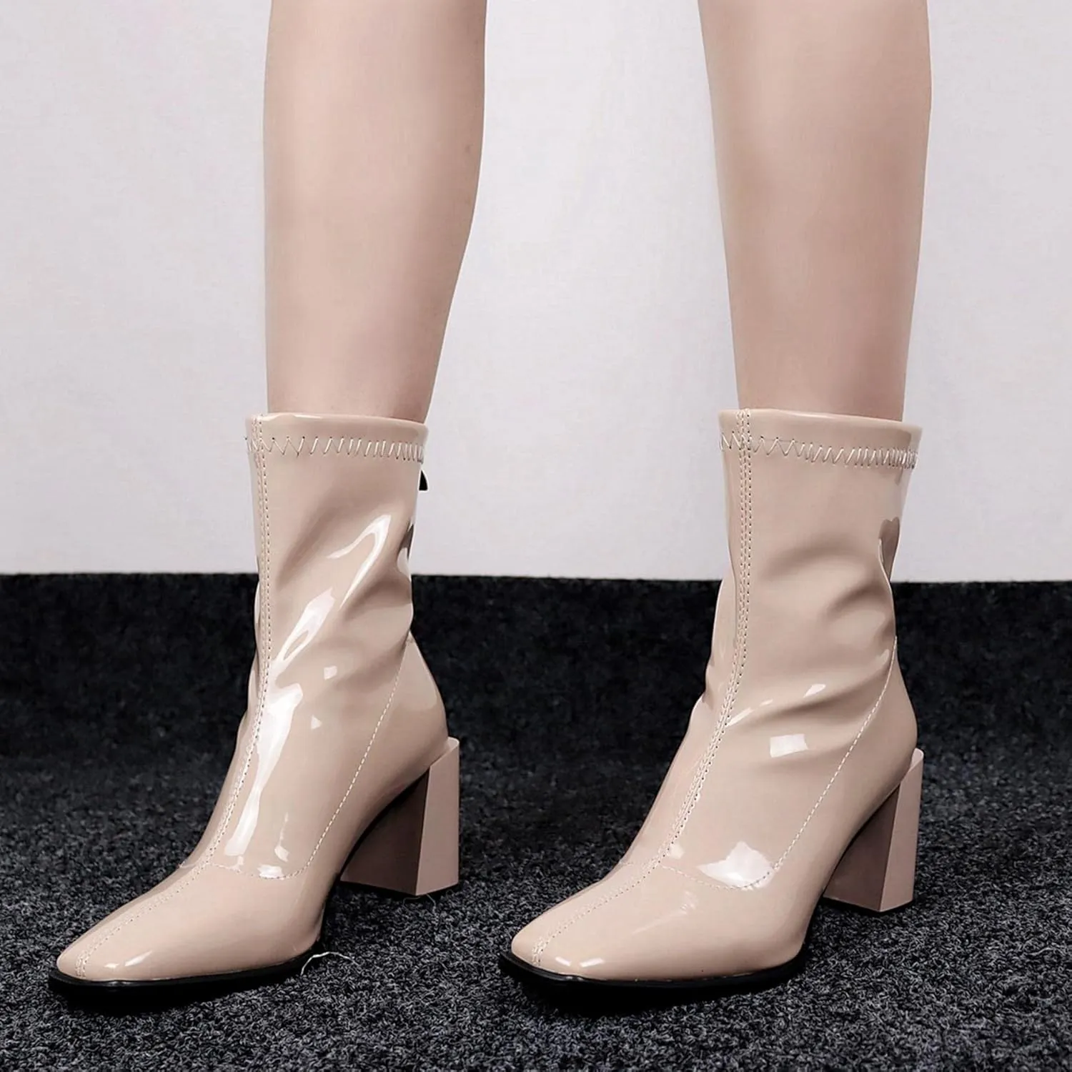 Seborluys Women's Patent Leather Square Toe Ankle Boots Stretch Block Heeled Zip Up Booties
