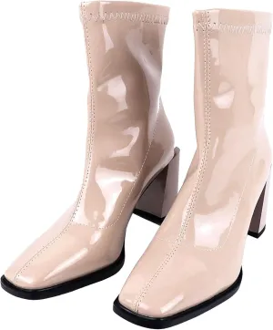 Seborluys Women's Patent Leather Square Toe Ankle Boots Stretch Block Heeled Zip Up Booties