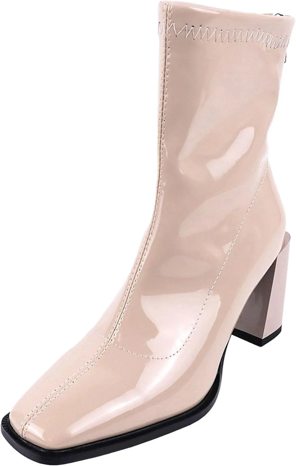 Seborluys Women's Patent Leather Square Toe Ankle Boots Stretch Block Heeled Zip Up Booties