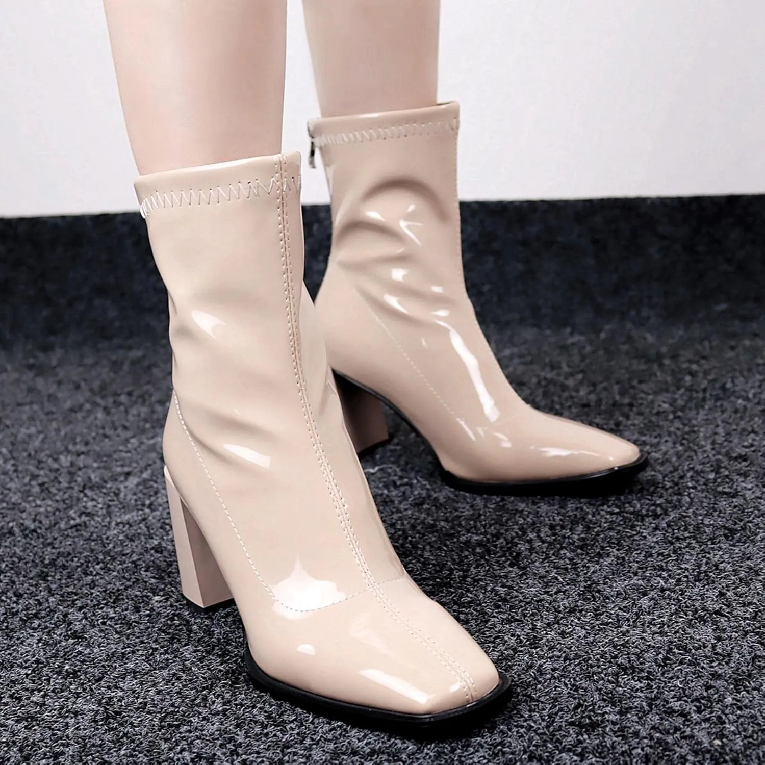 Seborluys Women's Patent Leather Square Toe Ankle Boots Stretch Block Heeled Zip Up Booties