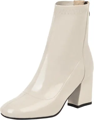 Seborluys Women's Patent Leather Stretch Ankle Boots Round Toe Chunky Block Heel Stretchy Booties with Zip Up