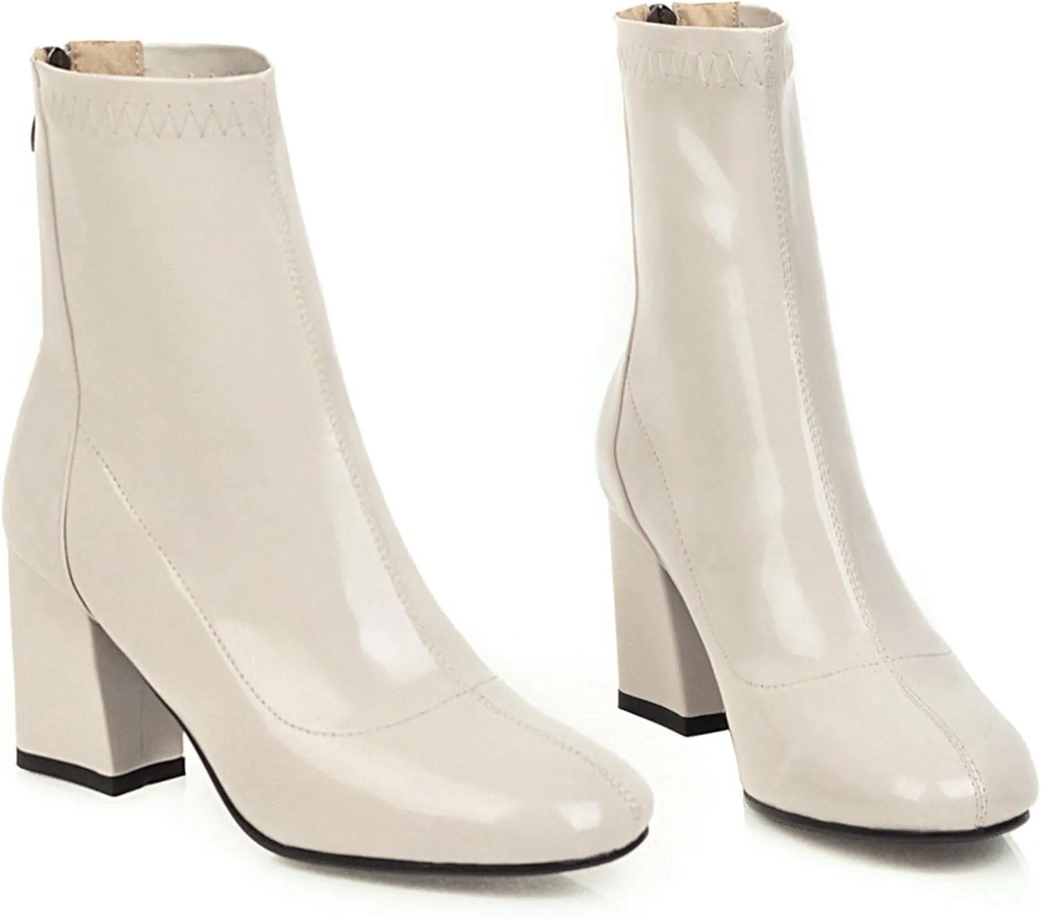 Seborluys Women's Patent Leather Stretch Ankle Boots Round Toe Chunky Block Heel Stretchy Booties with Zip Up