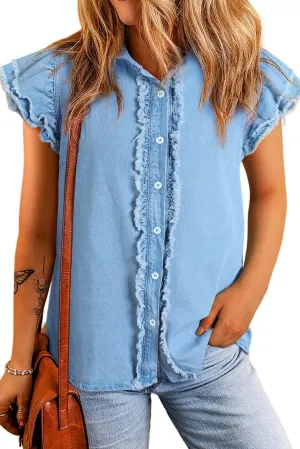 SELINK Womens Short Sleeve T Shirt Casual Button Front Ruffled Flutter Frayed Denim Top Solid Daily Summer Tops